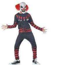 Creepy Clown Halloween Costume 10/12 Black Red Shirt, Pants, Mask 4 Pc Boys
