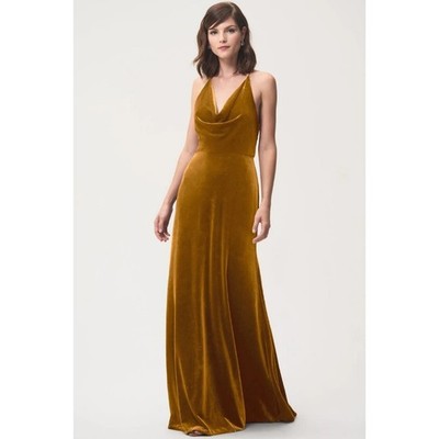 Jenny Yoo Sullivan Velvet Halter Cowl Neck Bridesmaid Dress Maxi Dress Gold 12