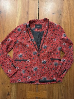 Berenice Red Black Floral Print Blazer Jacket Black Trim Pockets Size L