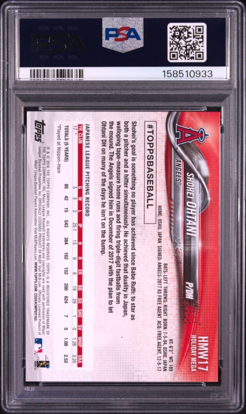 2018 Topps Holiday Shohei Ohtani RC Angels Rookie #17 PSA 9 Mint view 2