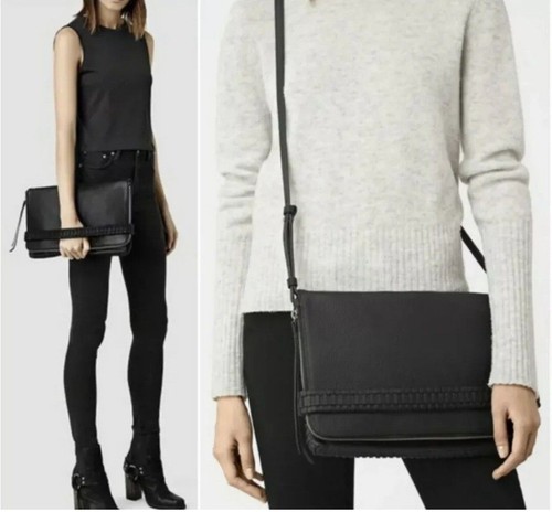 ALLSAINTS Club Medium Clutch Convertible Shoulder Bag Leather Charcoal Black - Picture 9 of 13