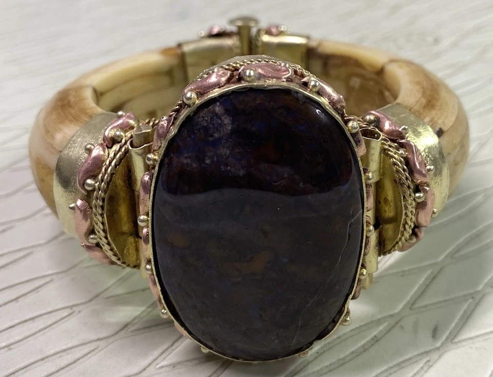 Brazalete Brazalete TARA MESA Moca Marrón Ágata y Hueso Plata/Cobre/Latón-Usado Foto 3 de 4