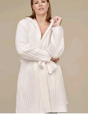 UGG W Amari Robe Rib Hood, Belt Pockets Loungewear Sleepwear M XL PLUSH IVORY