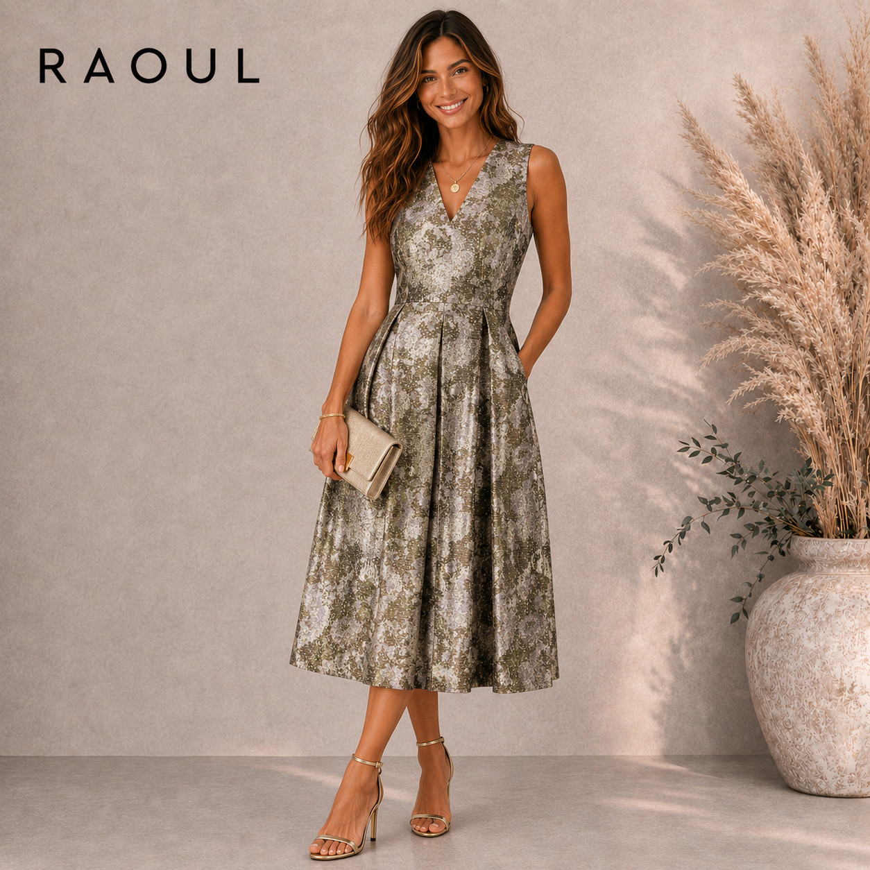 RAOUL Donata Pleated Metallic Jacquard Midi Dress UK 4 (runs large) NWT RRP £399