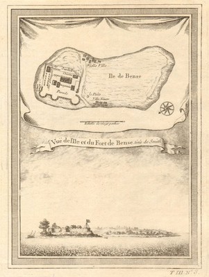 'Vue de I Isle & du Fort de Bense'. Bunce Island, Sierra Leone. BELLIN 1747 Landkarte