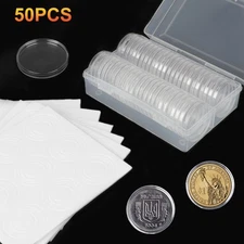 50Pack Coin Holder Capsules Case 17–40mm Clear Round Storage Box w/ 8 Sizes Pads