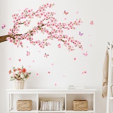 Pink Floral Wall Decal Wall Stickers Spring Flower Butterfly Cherry Blossom