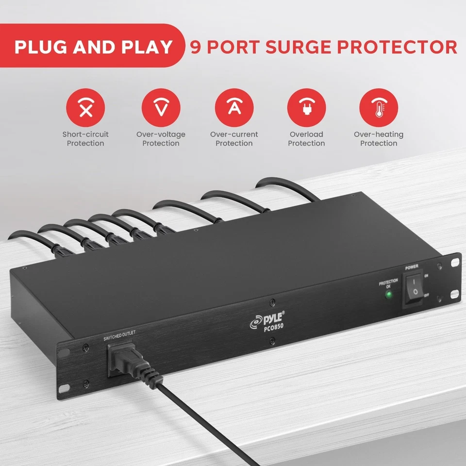 Pyle 15A Power Supply Conditioner Strip Surge Protection 9 Outlets / 120V PCO850 - Image 3 of 4