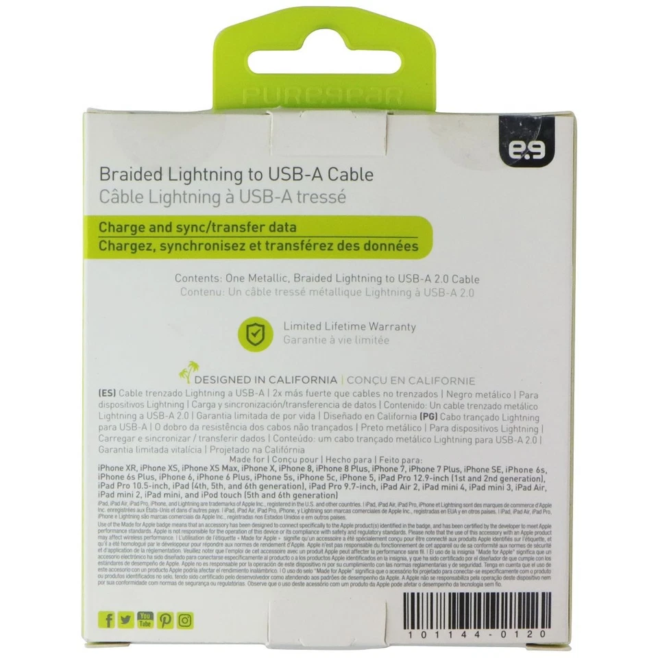 Cable de carga y sincronización trenzado PureGear (4 pies) de 8 pines a USB - negro Foto 2 de 2