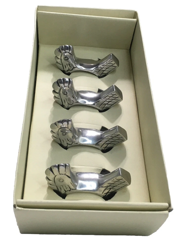 Pottery Barn Pewter 鸡场动物餐巾戒指套装 (4) 全新带盒 — 第 2/4 张图片