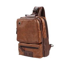 Men's Sling Bag, Crossbody PU Leather Shoulder Backpack with USB Charging Port,