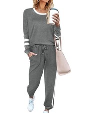 Gray Ladies Striped‑Sleeve Long‑Sleeve Top Jogger Pants 2‑Piece Set