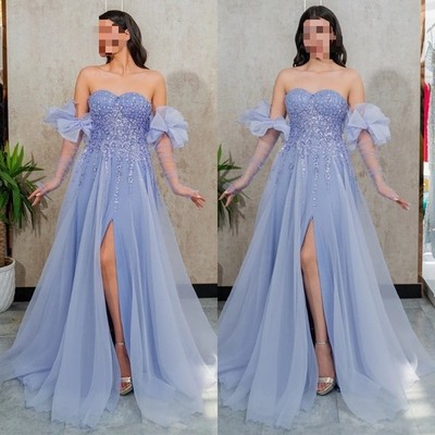 Sweetheart Evening Dress Beaded Crystals High Slit Sweetheart Tulle Prom Dresses