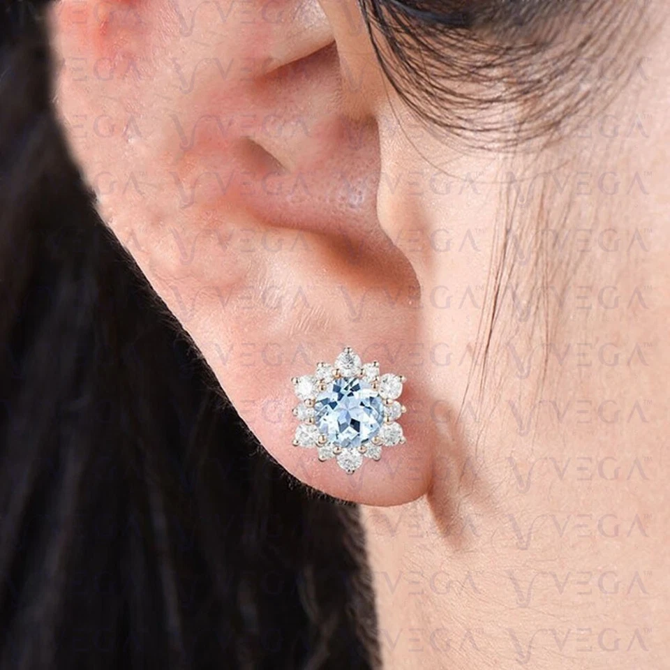 Pendiente de diamantes y aguamarina natural de forma redonda de 4,58 quilates de oro rosa macizo de 14 quilates Foto 2 de 4