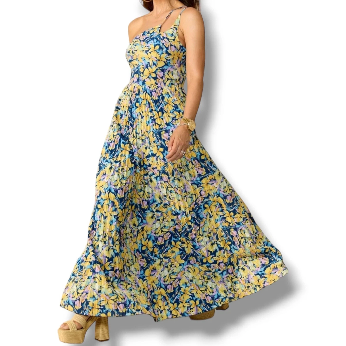 Myleene Klass Floral One Shoulder Pleated Maxi Dress Size 14 Holiday Wedding