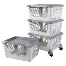 Kekow 4-Packs Plastic Stackable Storage Bins Large Storage Basket with Wheels