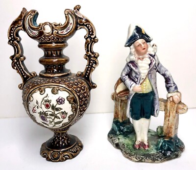Antique Pair Gerbing & Stephan Majolica Pitcher & Figurine - Banjo by Fence (B)