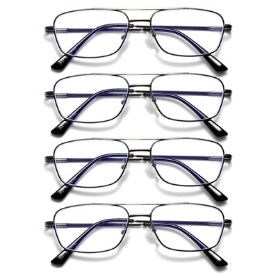 4 PK Mens Retro Aviator Reading Glasses Metal Frame Blue Light Blocking Readers
