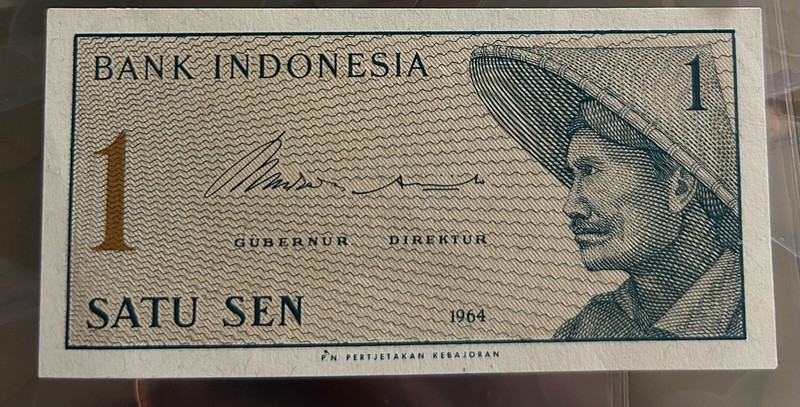 INDONESIA 🇮🇩 1 ONE SATU SEN 1964 P# 90 CURRENCY BANKNOTE SERIAL #XCV091407