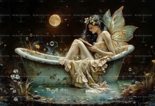 FAIRY IN BATHTUB ART PRINT, Cottagecore Poster, Magic Lady Fae Fairycore D583