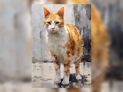Flanierende Eleganz: Ingwer und weiße Katze Öldruck 5''x7''