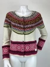 Odd Molly Small Fair Isle Snap Front Cardigan Sweater Lambswool Blend Logo