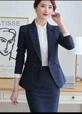 Tailleur completo donna ufficio giacca maniche lunghe gonna gessato blu 44 XL