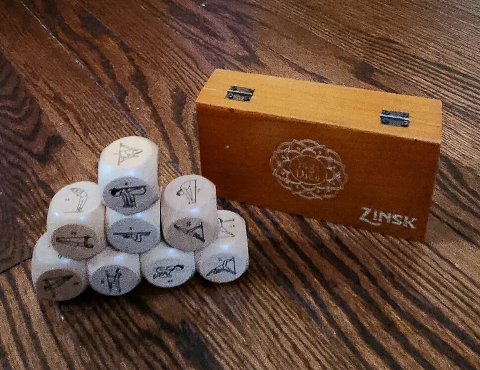 Zinsk 8-Pc Yoga Dice Set Showing 48 Poses Engraved Wooden Gift