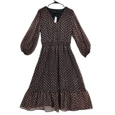 Talbots Midi Dress 10 Tiered Boho Peasant Black Geometric Metallic Smocked Waist