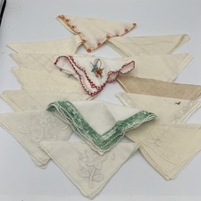 Lot Of 14 Vintage Embroidered Floral Hankies Ivory Linen Cloth