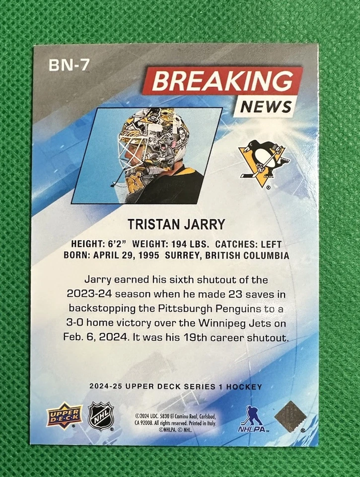 2024-25 Upper Deck Breaking Refractor BN-7 Tristan Jarry Pittsburgh Penguins - Image 2 of 4