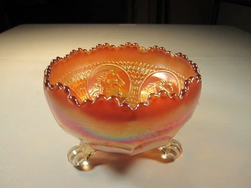 Antique Fenton Horse Head Medallion Carnival Glass Footed Rosebowl Vase