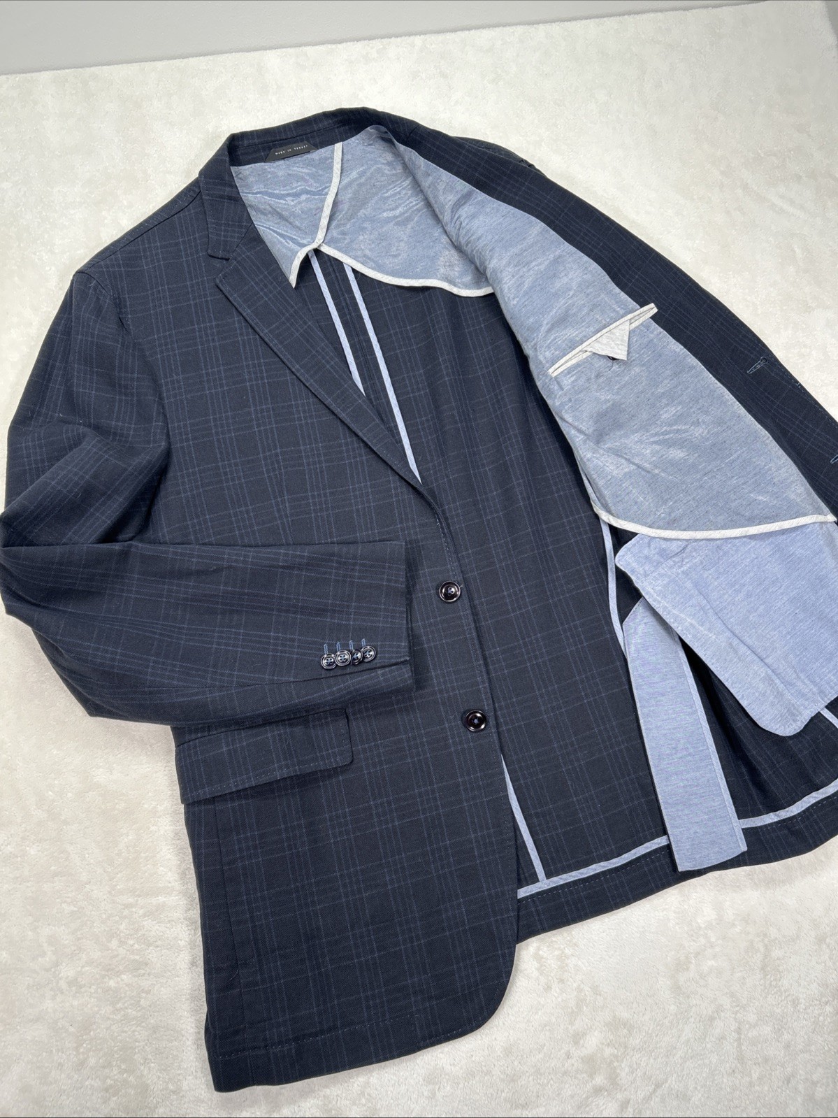 Hugo Boss Cotton Linen Windowpane Plaid Sport Coat Blazer Navy 44L Unstructured