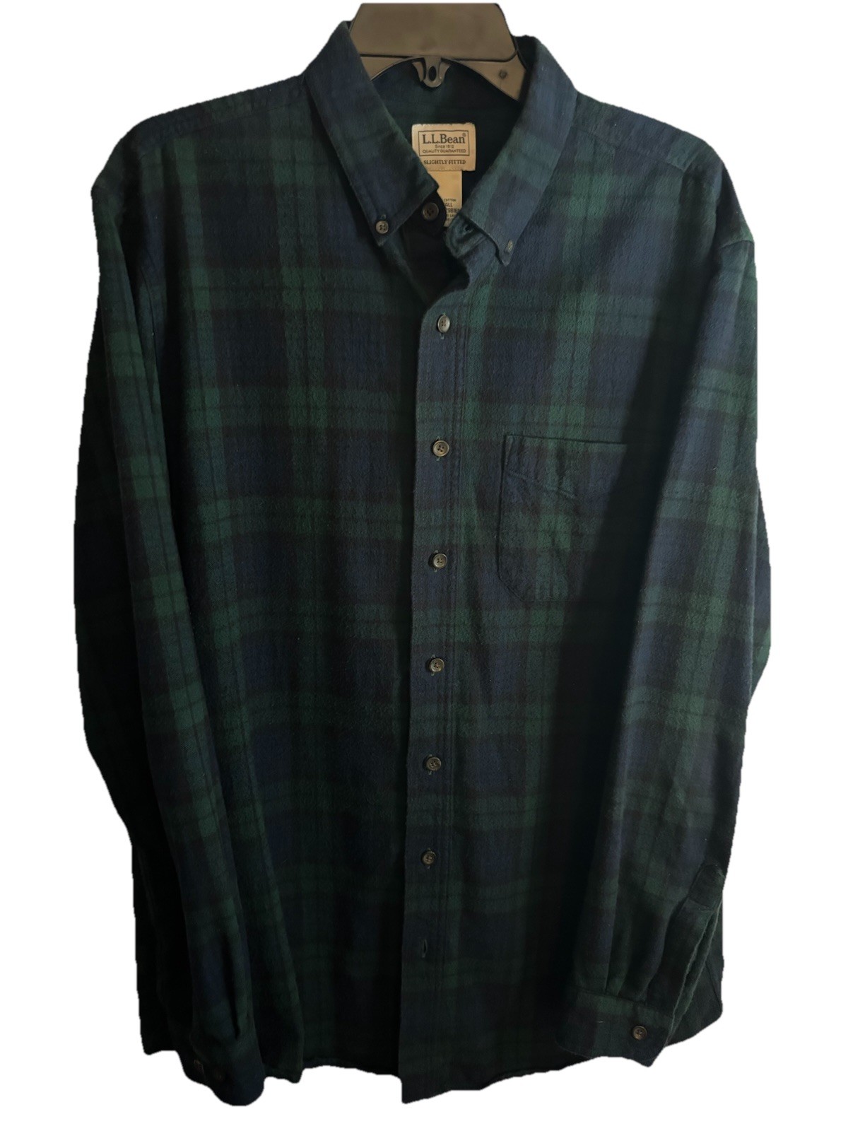LL Bean Men Button Up Shirt Large Tall Green Plaid Flannel Collar Long Sleeve