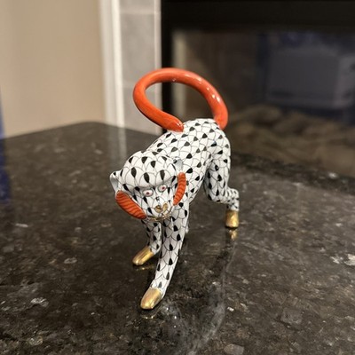 Herend Hungary Porcelain Walking Monkey In Black Fishnet Gold Accent FLAWLESS