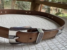 VTG Western Concho Belt Mens 36 Silver Buckle Band Tip Tan Leather Etched Canada