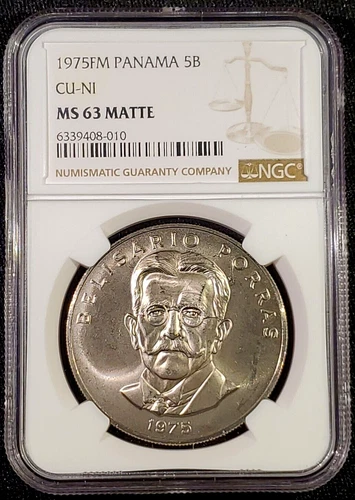 1975 FM Panama 5B Balboa BU Belisario Porras Rare CuNi NGC MS 63 Matte