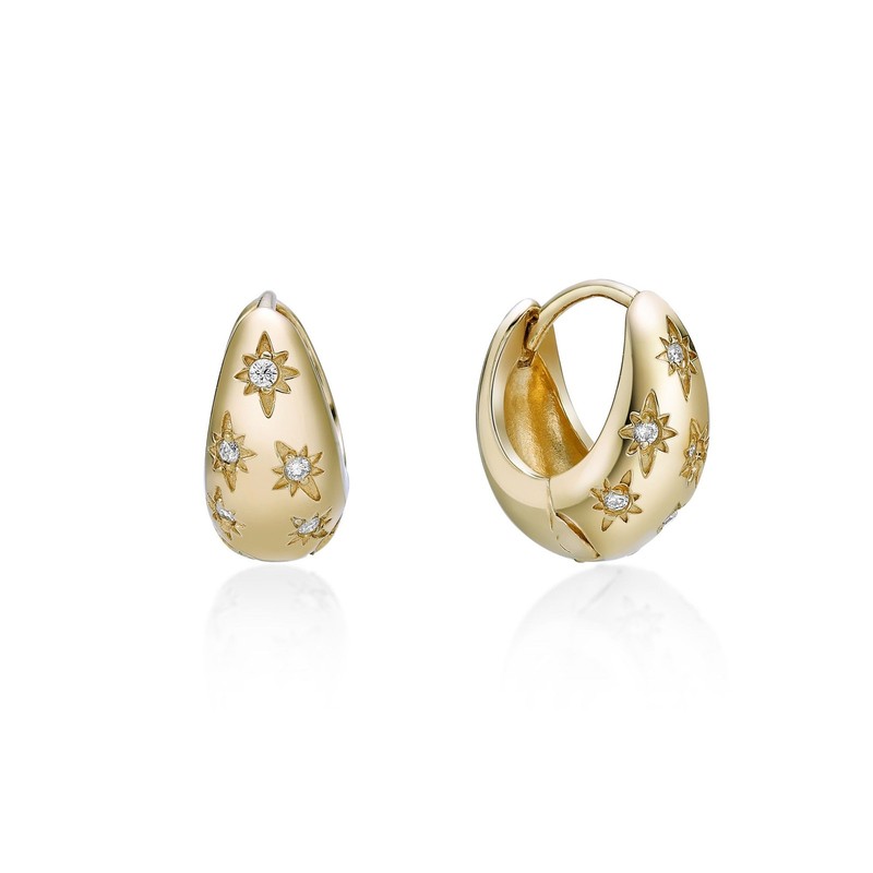 18K Yellow Gold Plated 925 Sterling Silver Thick Hoop Earrings With Diamond