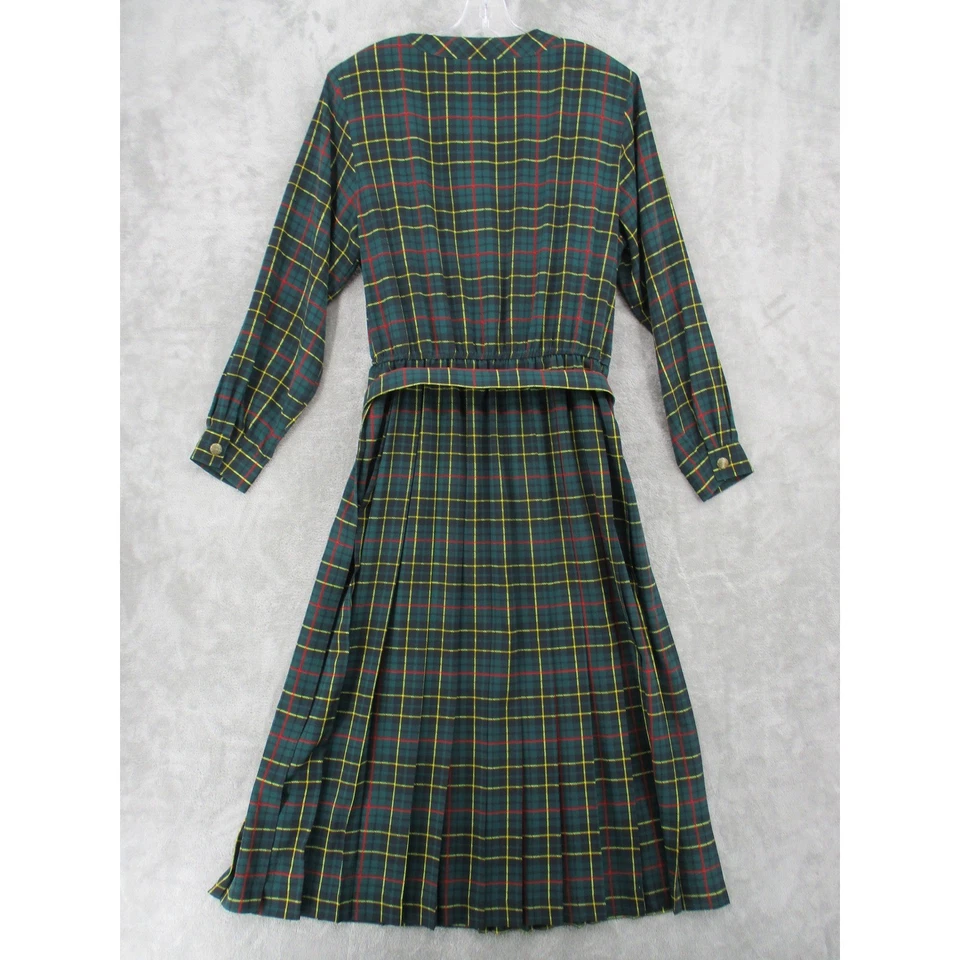 Vintage Talbots Dress 16 Plaid Modest Pleated Belted Preppy Academia Green Red - Image 2 of 4