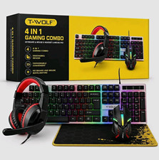 T-WOLF 4-in-1 Wired Illuminated Gaming Combo 2400DPI Black Keyboard/Mouse
