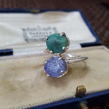 Sterling Silver Bypass Ring Raw Cut Tanzanite & Emerald Crossover Style Size P
