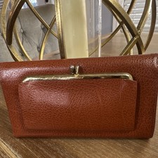 vintage brown leather wallet kiss-lock coin compartment, gold-tone frame