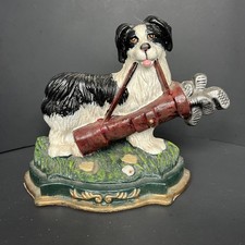 Cast Iron Dog Border Collie Half Sided Door Stop with Golf Clubs Hand Painted 7'