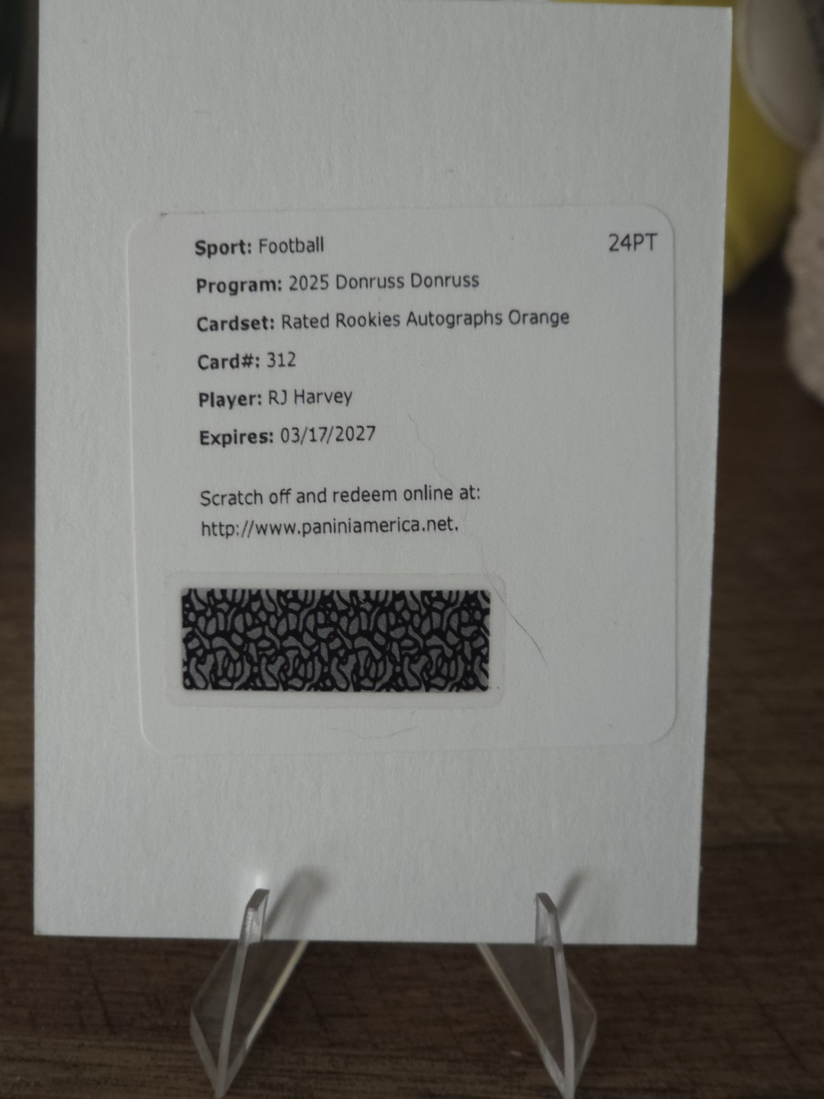 2025 Donruss RJ HARVEY SP Rated Rookies Orange Auto Redemption Card BRONCOS