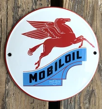 VINTAGE 6" DOME MOBILOIL MOBILGAS RED PEGASUS GASOLINE PORCELAIN MOTOR OIL SIGN