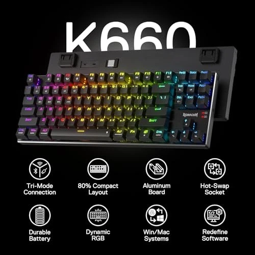 Redragon K660RGB-PRO Mechanical Keyboard, 80% 87, RED SWITCH - BLACK - Image 2 of 4
