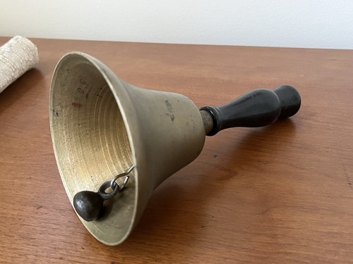 Antique 7.25" School Master Teacher Brass Hand Bell Black Handle - Picture 5 of 5