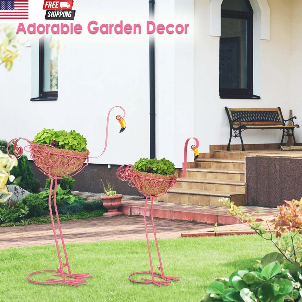 Juego de 2 jardineras de flamenco de metal rosa con cesta para jardín interior exterior patio Foto 2 de 4