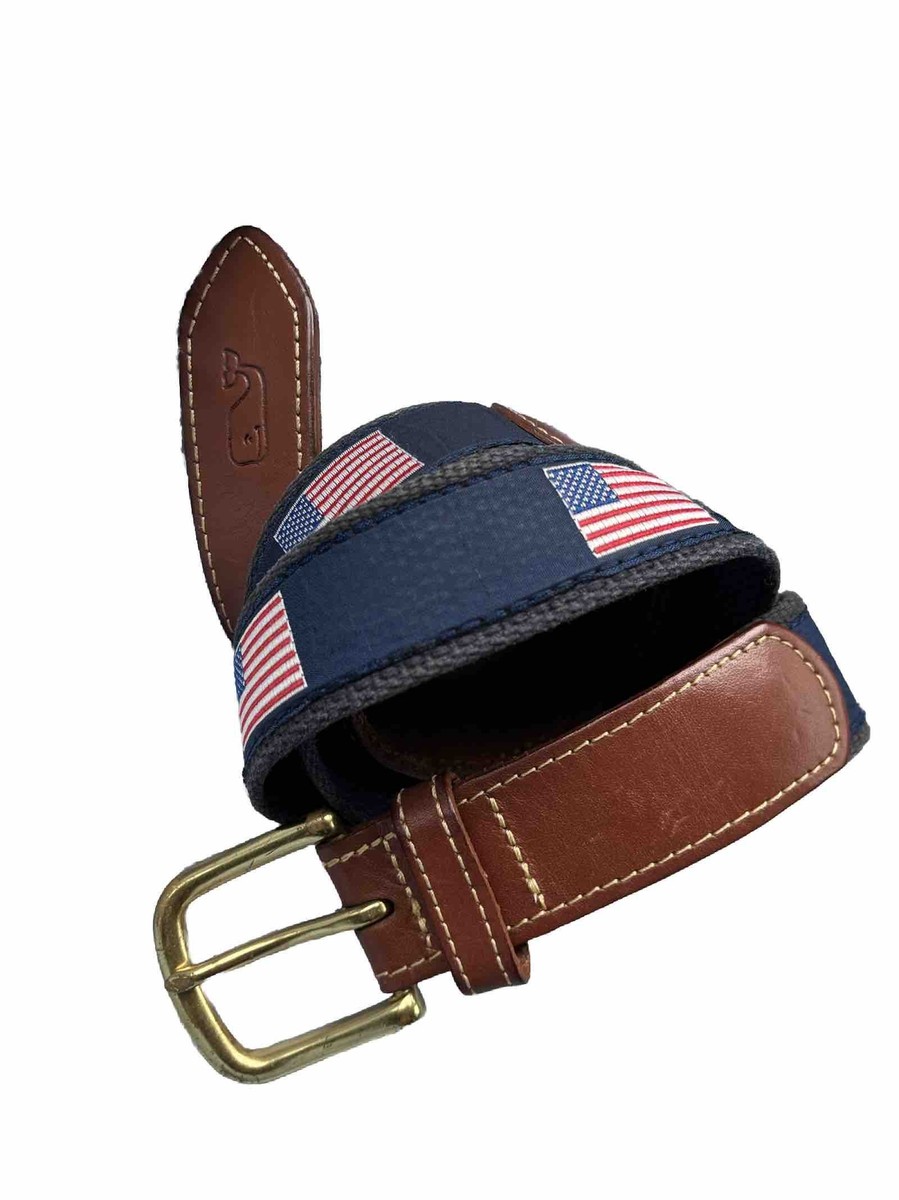 Vineyard Vines American Flag Woven & Brown Leather Belt size 