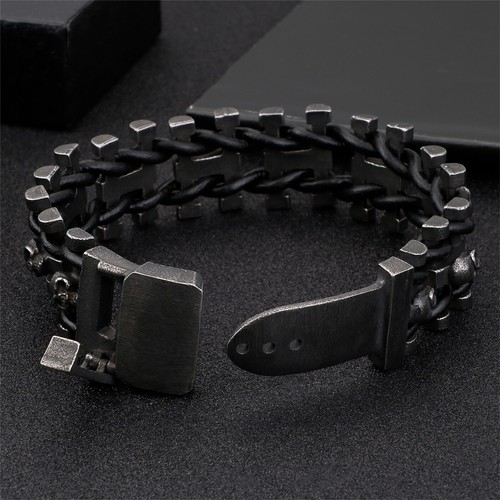"Pulsera de cuero punk rock negra de acero inoxidable de 25 mm de ancho para hombre 9" - Imagen 3 de 9
